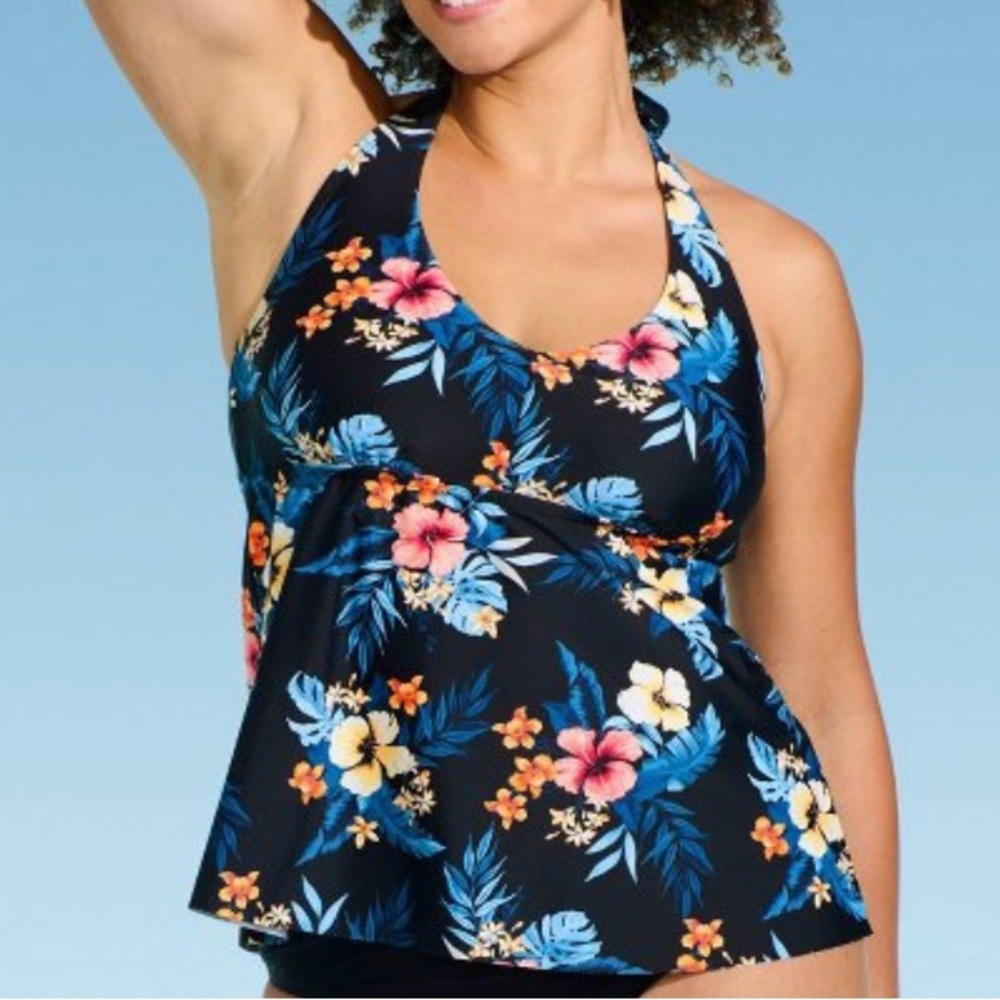 Lands' End Tankini Top Swim Suit Black Blue White Floral Halter Size Small NWT